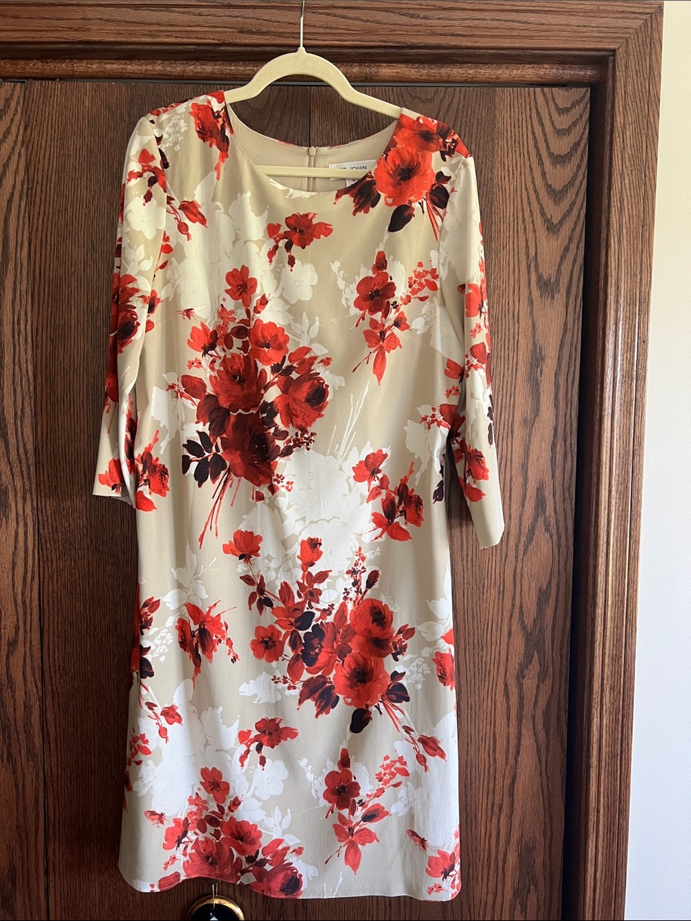 St. John Collection Beige Shift Dress with Red Floral Print